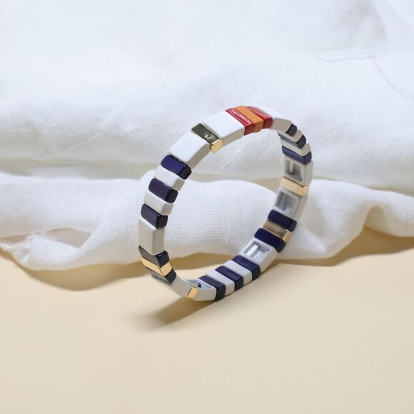 Roxanne Assoulin Project Stripe Navy White Enameled Stretch Bracelet in Gold - Picture 1 of 2